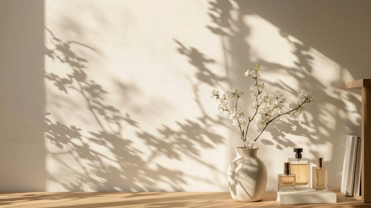 Pared clara con sombras de hojas a la luz de la tarde; sobre un estante de madera, un jarrón con flores blancas, tres frascos de perfume y libros